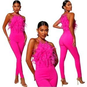 💋STUNNING💋Feather Trim Strappy Jumpsuit in Hot Pink